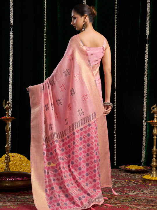 Pink Soft Spun Cotton & Jari Border With Zhallar Saree With Blouse Piece