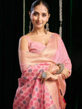 Pink Soft Spun Cotton & Jari Border With Zhallar Saree With Blouse Piece