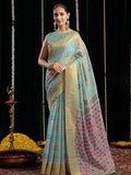 Light Blue Soft Spun Cotton & Jari Border With Zhallar Saree With Blouse Piece