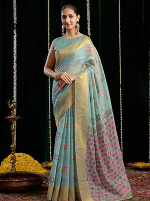 Light Blue Soft Spun Cotton & Jari Border With Zhallar Saree With Blouse Piece