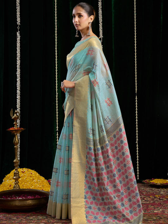 Light Blue Soft Spun Cotton & Jari Border With Zhallar Saree With Blouse Piece