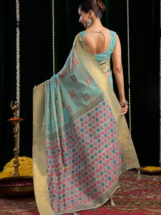 Light Blue Soft Spun Cotton & Jari Border With Zhallar Saree With Blouse Piece