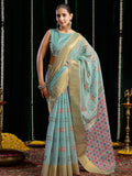Light Blue Soft Spun Cotton & Jari Border With Zhallar Saree With Blouse Piece