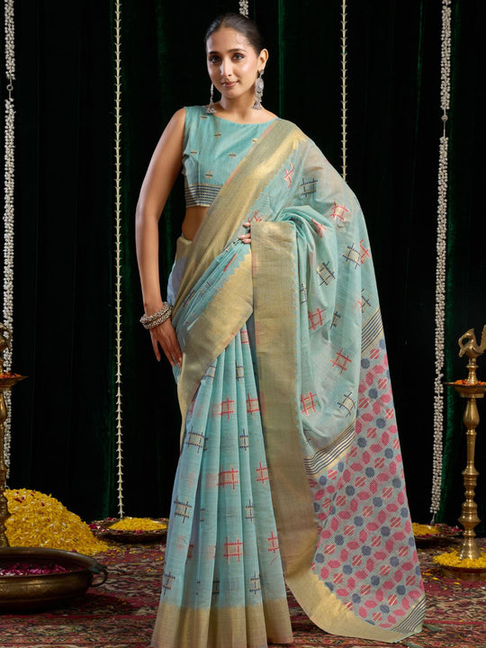 Light Blue Soft Spun Cotton & Jari Border With Zhallar Saree With Blouse Piece