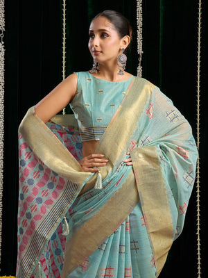 Light Blue Soft Spun Cotton & Jari Border With Zhallar Saree With Blouse Piece