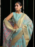 Light Blue Soft Spun Cotton & Jari Border With Zhallar Saree With Blouse Piece