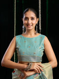Light Blue Soft Spun Cotton & Jari Border With Zhallar Saree With Blouse Piece