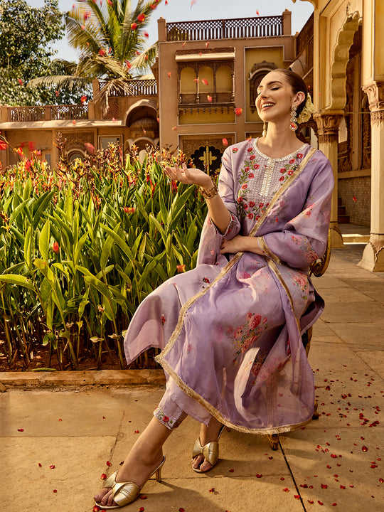 Floral Embroidered Thread Work Silk Chiffon Straight Kurta with Trousers & Dupatta