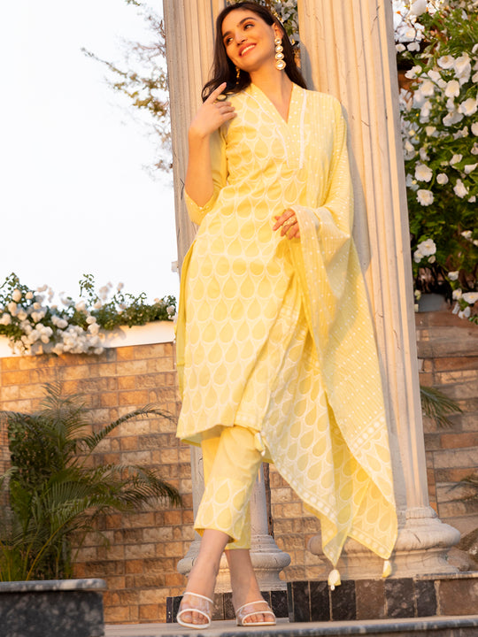 Yellow Geometric Embroidered V-Neck Calf Length Pure Cotton Straight Kurta Set