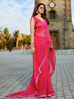 pink Georgette Embellished Saree With Blouse Piece