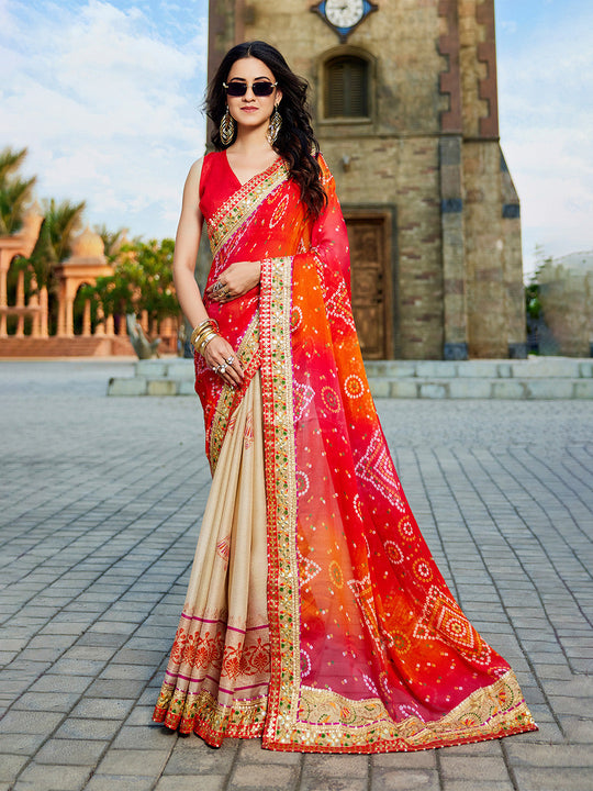 Red Georgette Embellished Saree With Blouse Piece