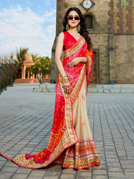 Red Georgette Embellished Saree With Blouse Piece