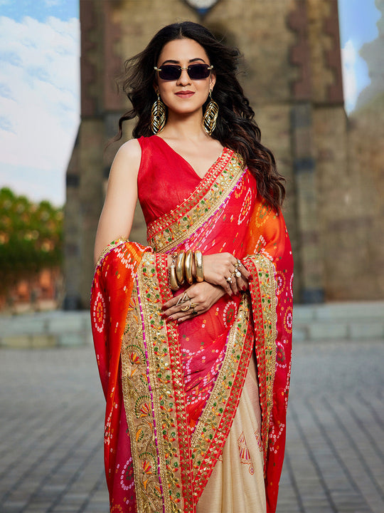 Red Georgette Embellished Saree With Blouse Piece