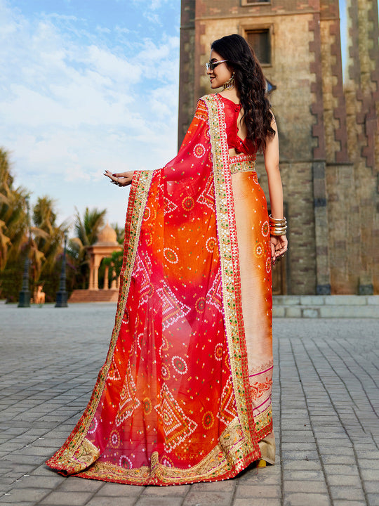 Red Georgette Embellished Saree With Blouse Piece