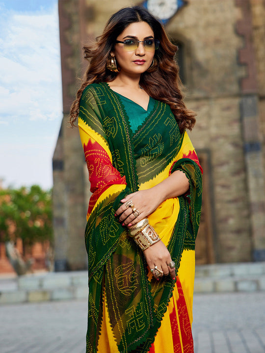 Multicolor Georgette Embellished Saree With Blouse Piece