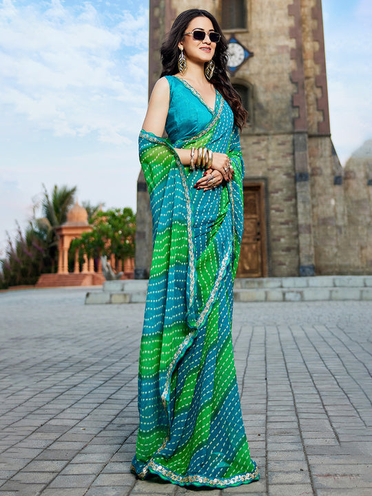 Blue & Green Georgette Embellished Saree With Blouse Piece