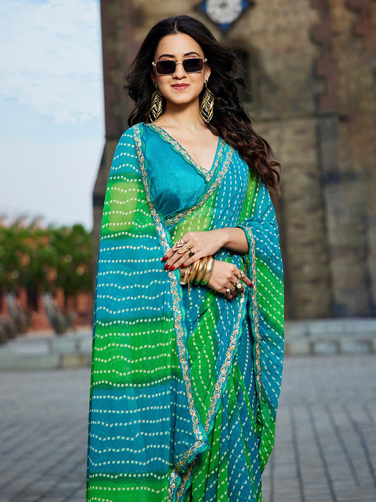 Blue & Green Georgette Embellished Saree With Blouse Piece