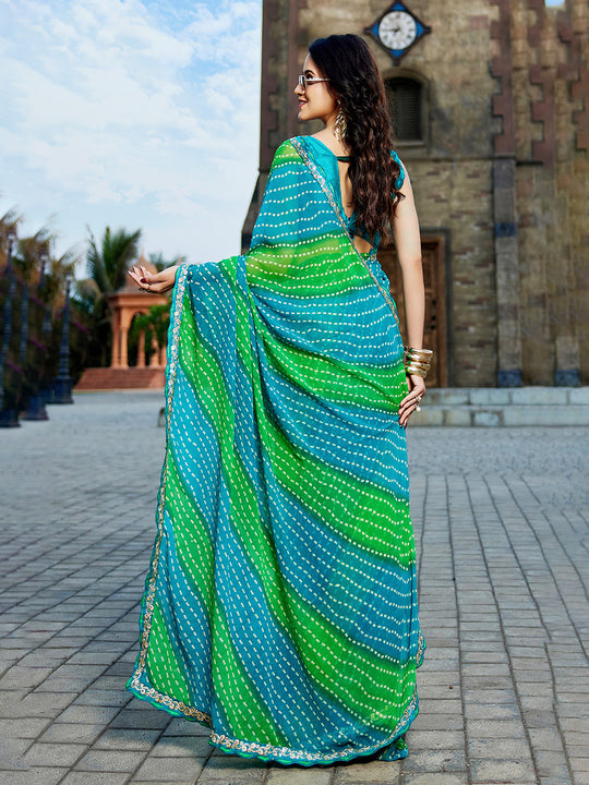 Blue & Green Georgette Embellished Saree With Blouse Piece