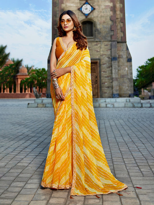 Yellow Georgette Embellished Saree With Blouse Piece