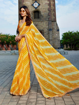 Yellow Georgette Embellished Saree With Blouse Piece