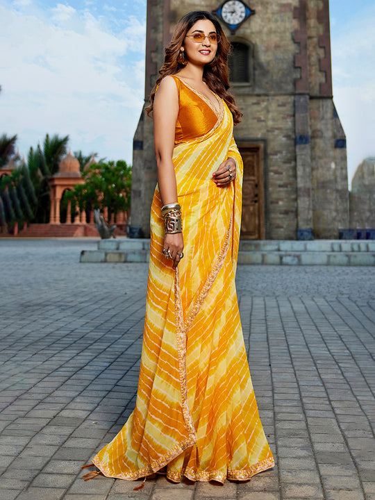 Yellow Georgette Embellished Saree With Blouse Piece