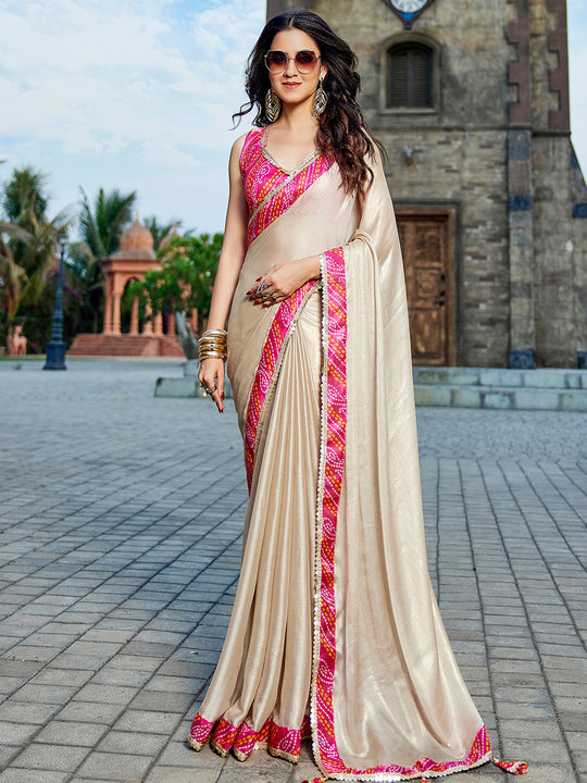 Beige Georgette Embellished Saree With Blouse Piece