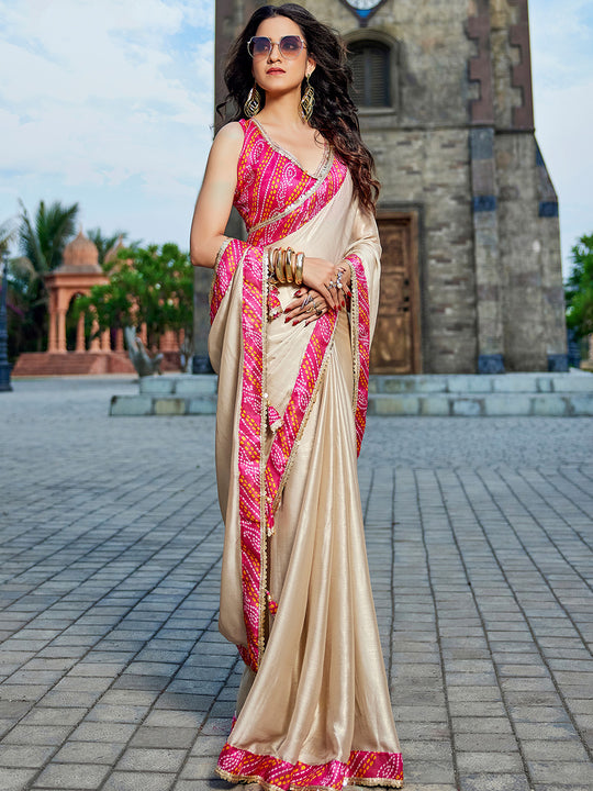 Beige Georgette Embellished Saree With Blouse Piece