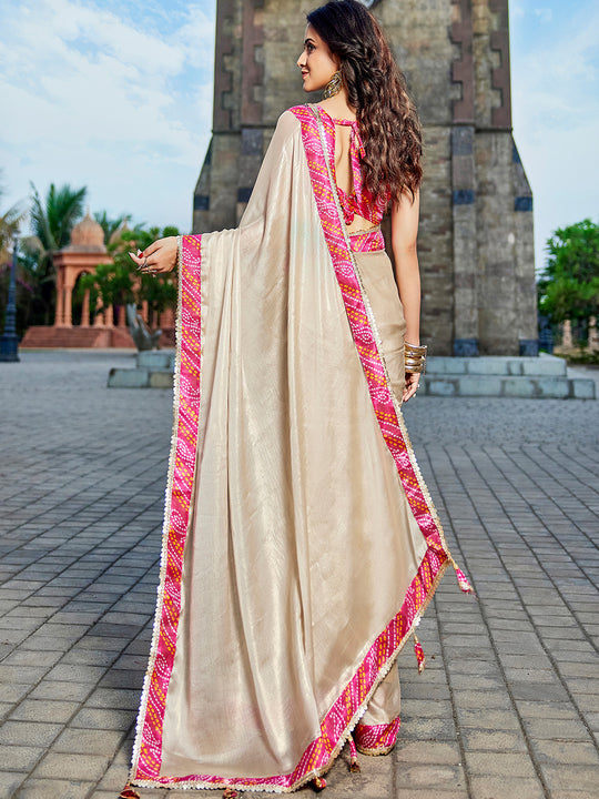 Beige Georgette Embellished Saree With Blouse Piece