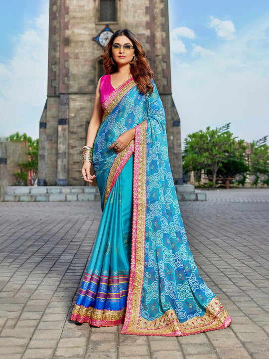 Blue Georgette Embellished Saree With Blouse Piece