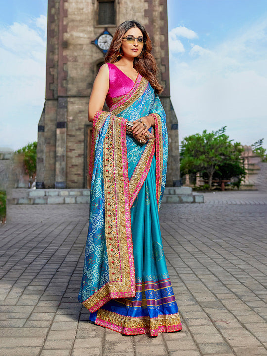 Blue Georgette Embellished Saree With Blouse Piece