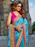 Blue Georgette Embellished Saree With Blouse Piece