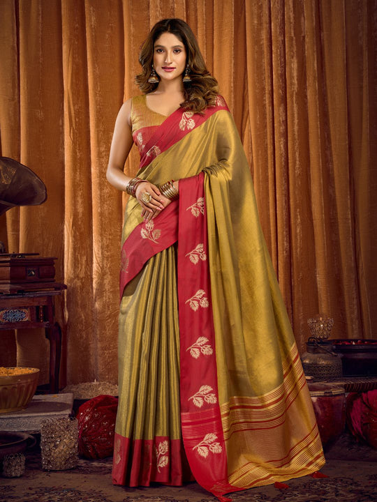 Light Green Soft Tissue Contrast Border With Zhallar Saree With Blouse Piece
