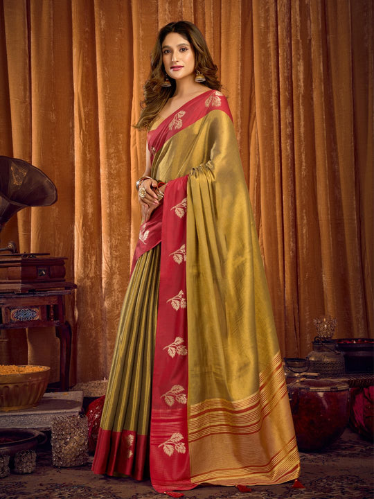 Light Green Soft Tissue Contrast Border With Zhallar Saree With Blouse Piece