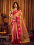 Light Pink Soft Tissue Contrast Border With Zhallar Saree With Blouse Piece