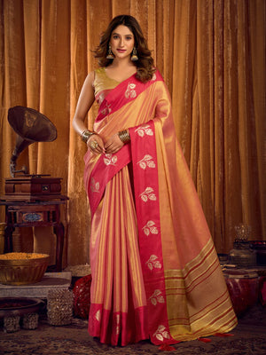 Light Pink Soft Tissue Contrast Border With Zhallar Saree With Blouse Piece
