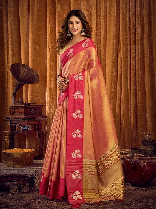 Light Pink Soft Tissue Contrast Border With Zhallar Saree With Blouse Piece