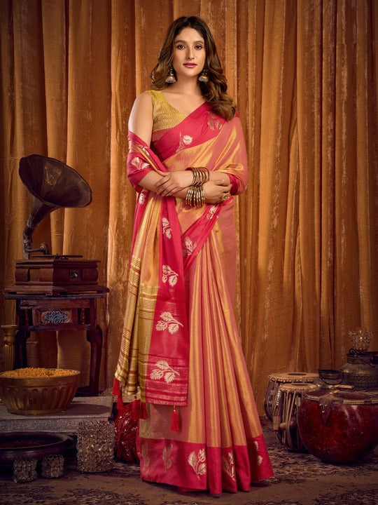 Light Pink Soft Tissue Contrast Border With Zhallar Saree With Blouse Piece