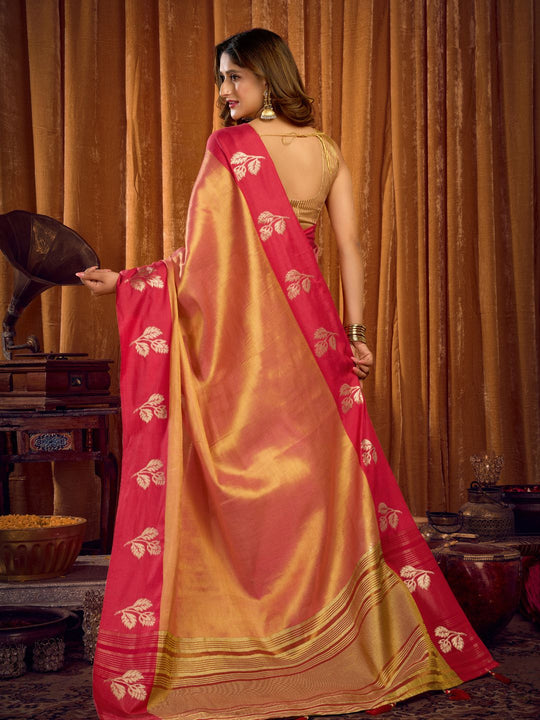 Light Pink Soft Tissue Contrast Border With Zhallar Saree With Blouse Piece