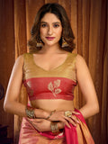 Light Pink Soft Tissue Contrast Border With Zhallar Saree With Blouse Piece