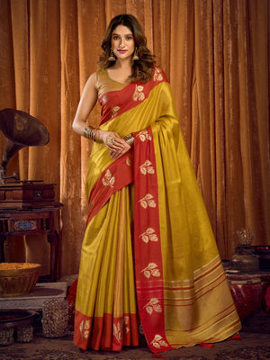 Yellow Soft Tissue Contrast Border With Zhallar Saree With Blouse Piece