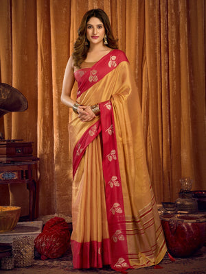 Orange Soft Tissue Contrast Border With Zhallar Saree With Blouse Piece