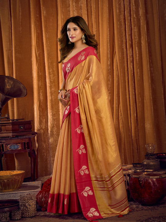 Orange Soft Tissue Contrast Border With Zhallar Saree With Blouse Piece