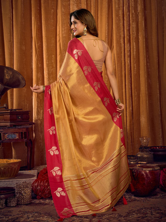 Orange Soft Tissue Contrast Border With Zhallar Saree With Blouse Piece