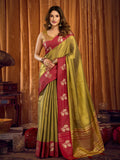 Green Soft Tissue Contrast Border With Zhallar Saree With Blouse Piece