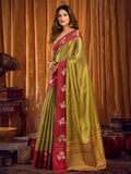 Green Soft Tissue Contrast Border With Zhallar Saree With Blouse Piece