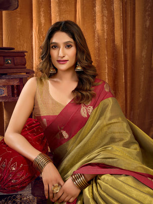 Green Soft Tissue Contrast Border With Zhallar Saree With Blouse Piece