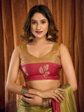 Green Soft Tissue Contrast Border With Zhallar Saree With Blouse Piece