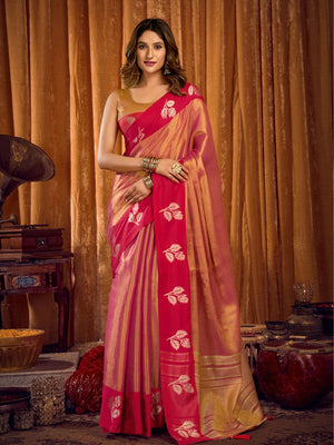 Pink Soft Tissue Contrast Border With Zhallar Saree With Blouse Piece