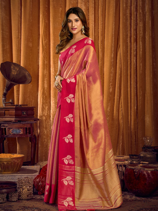 Pink Soft Tissue Contrast Border With Zhallar Saree With Blouse Piece