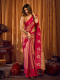 Pink Soft Tissue Contrast Border With Zhallar Saree With Blouse Piece